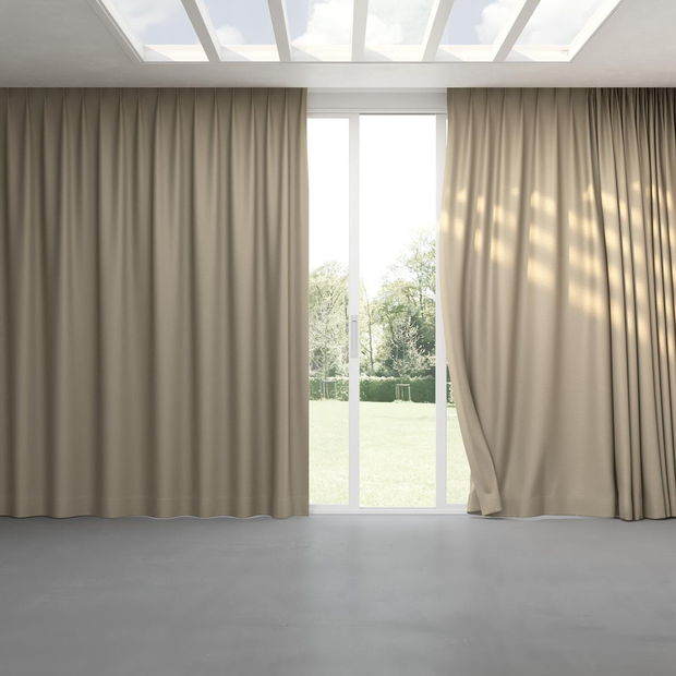 Photo of the fabric Satori Stonewash Jute swatch by Mokum. Use for Curtains, Upholstery Light Duty, Accessory, Top of Bed. Style of Plain, Texture