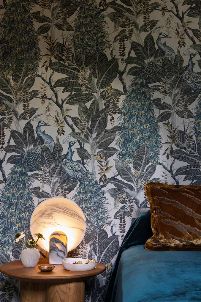 Royal Peacock Wallpaper by Catherine Martin by Mokum in Vintage White