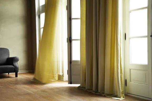 Photo of the fabric Amor 14333 327 in situ by Fischbacher 1819. Use for Curtains, Accessory. Style of Stripe