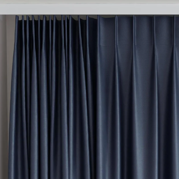 Photo of the fabric Stallion 2 Blackout Blue Night swatch by James Dunlop Essentials. Use for Curtains. Style of Plain, Texture