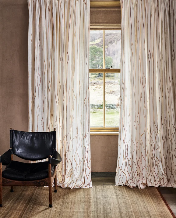 Photo of the fabric Swale Z669 01 in situ by Zinc. Use for Curtains, Accessory. Style of Stripe