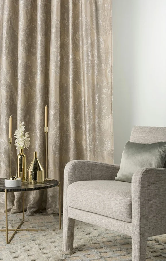 Photo of the fabric Caledonia Sable in situ by Mokum. Use for Curtains, Accessory. Style of Floral And Botannical