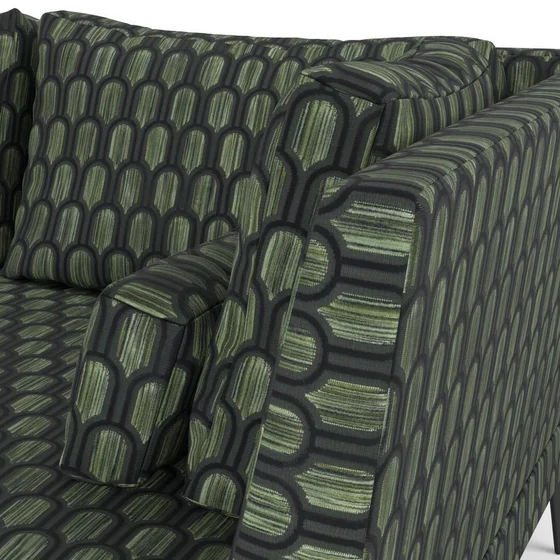 Photo of the fabric Beverly Hills Emerald swatch by Catherine Martin by Mokum. Use for Upholstery, Accessory. Style of Geometric, Velvet