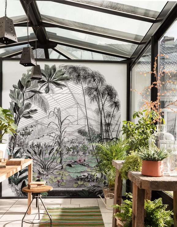 Photo of the fabric Jard. D'Hiver Panel 1023 10239 90 00 in situ by Casadeco. Use for Wall Covering, Wall Panel/Mural. Style of Floral And Botannical