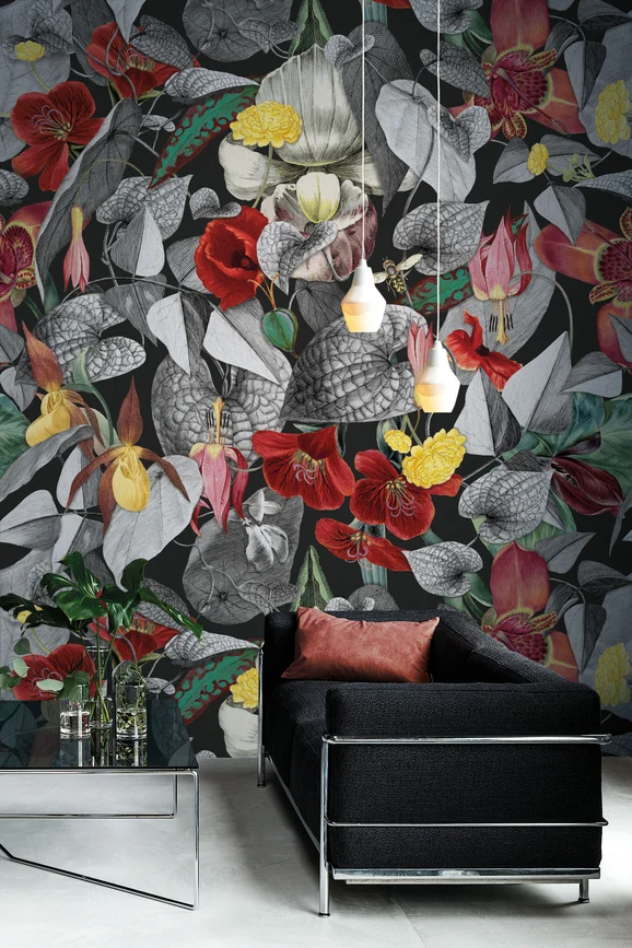 Photo of the fabric Gardenia Panel 600100 340 in situ by Fischbacher 1819. Use for Wall Covering, Wall Panel/Mural. Style of Floral And Botannical, Print