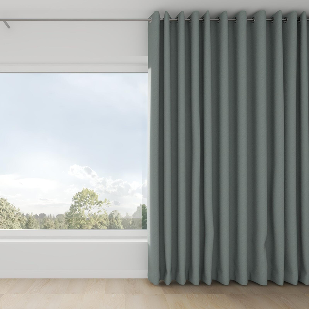 Photo of the fabric Satori Stonewash Teal swatch by Mokum. Use for Curtains, Upholstery Light Duty, Accessory, Top of Bed. Style of Plain, Texture