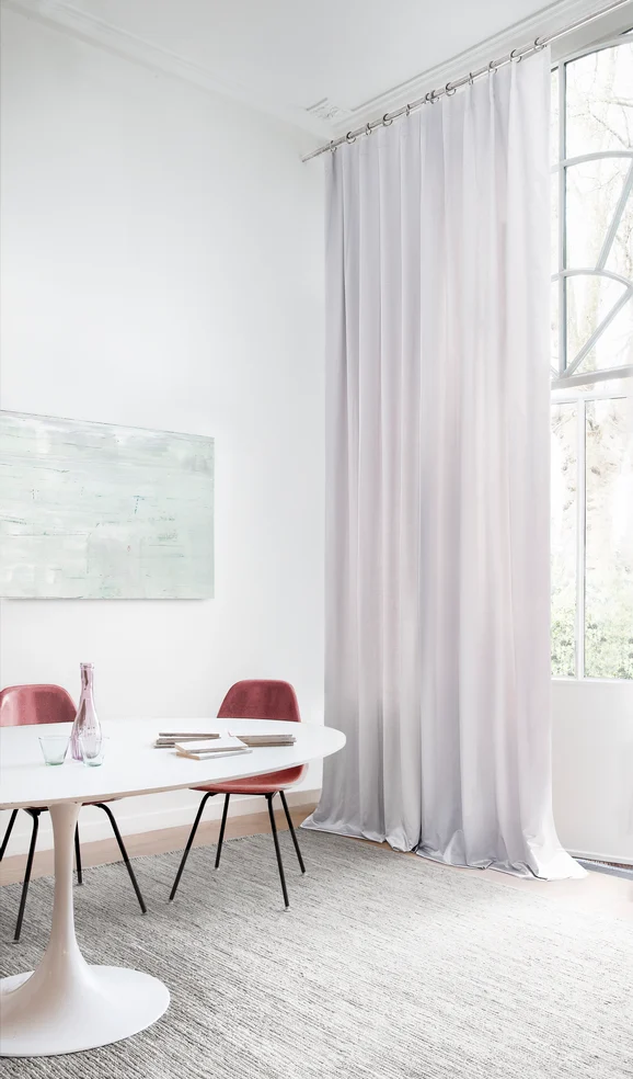 Photo of the fabric Lange Ash in situ by Zepel. Use for Curtains, Upholstery, Accessory, Top of Bed. Style of Plain, Taffeta