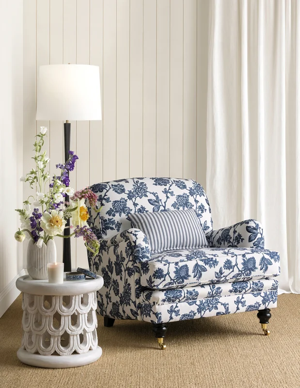 Photo of the fabric Fleur Stone in situ by James Dunlop. Use for Upholstery, Accessory. Style of Floral And Botannical, Print