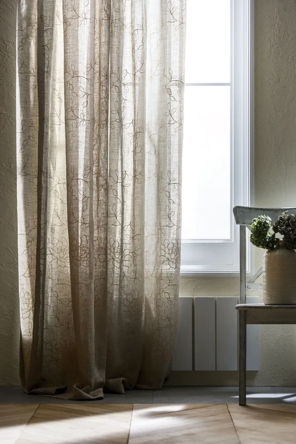 Photo of the fabric Bagnoregio 10738 851 in situ by Fischbacher 1819. Use for Curtains. Style of Embroidery, Floral And Botannical