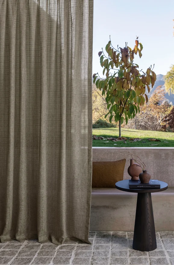 Photo of the fabric Scandinese Linen in situ by James Dunlop. Use for Sheer Curtains. Style of Plain, Sheer