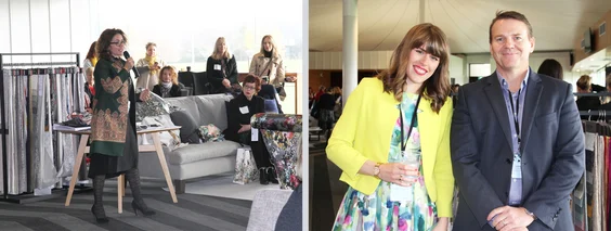 Left: Camilla Fischbacher presenting the new collection from Christian Fischbacher.Right: Carrie Ferguson (Bluebellgray) with Darren Clark (JDT).