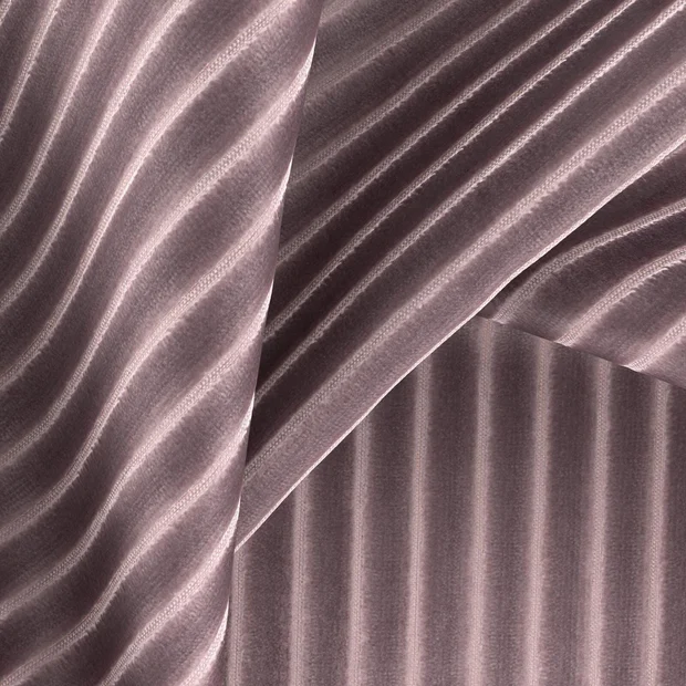 Photo of the fabric Embrace Plum swatch by Zepel FibreGuard. Use for Curtains, Upholstery, Accessory, Top of Bed. Style of Stripe, Velvet