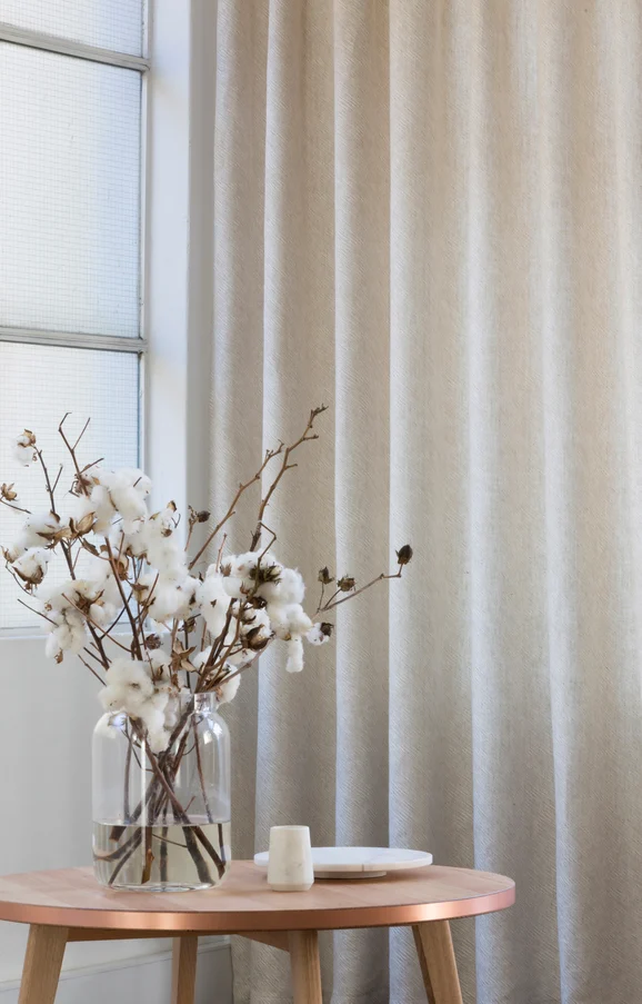 Photo of the fabric Grassland Pebble in situ by Mokum. Use for Curtains. Style of Plain, Texture