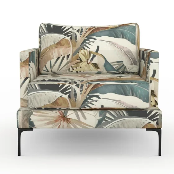 Photo of the fabric Tropicalia Gilver swatch by Catherine Martin by Mokum. Use for Upholstery, Accessory. Style of Floral And Botannical, Print