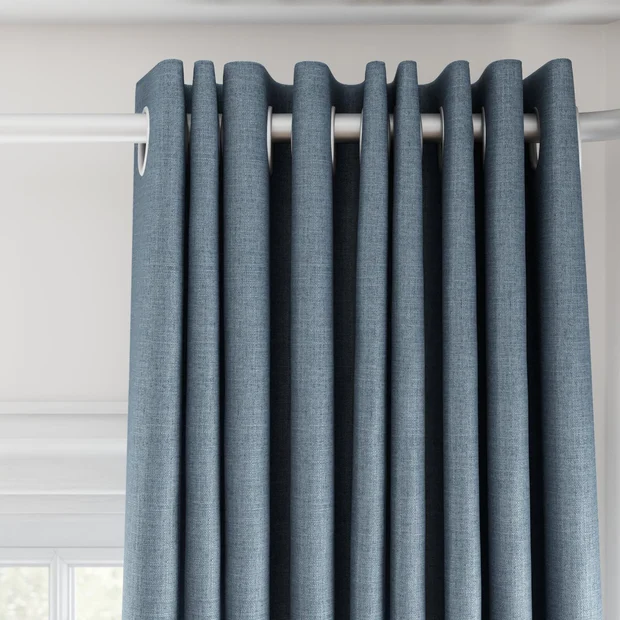 Photo of the fabric Frisco Denim swatch by James Dunlop Essentials. Use for Curtains, Upholstery, Accessory, Top of Bed. Style of Plain, Texture