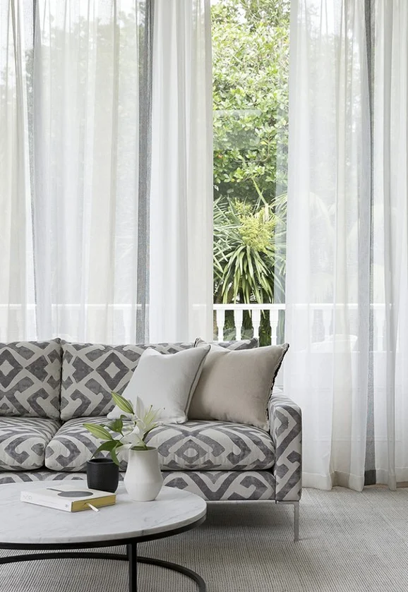 Photo of the fabric Vista Shell in situ by James Dunlop Essentials. Use for Sheer Curtains. Style of Sheer, Stripe