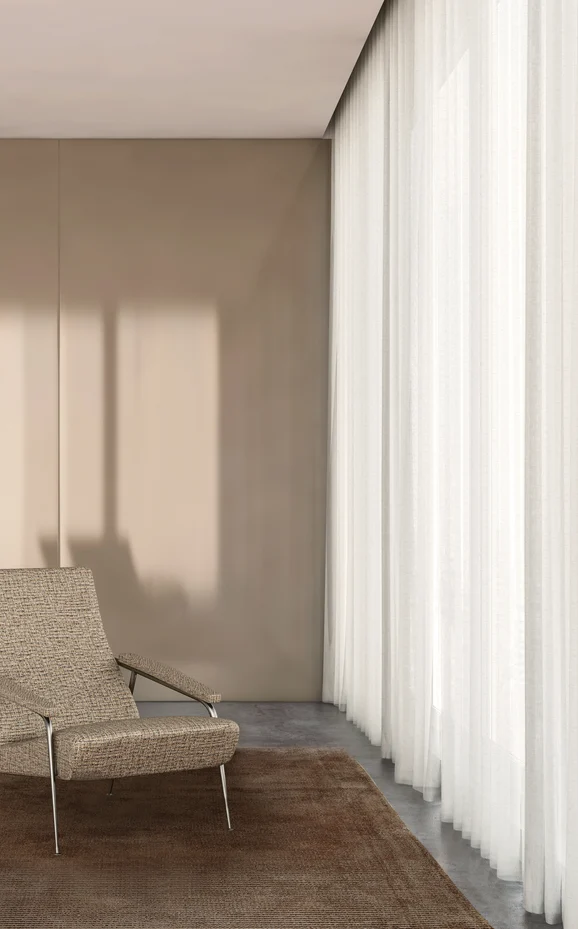Photo of the fabric Uru Mist in situ by Mokum. Use for Sheer Curtains. Style of Plain, Sheer