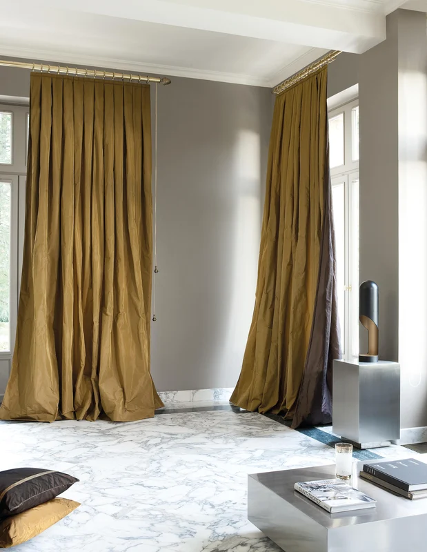 Photo of the fabric Catwalk Bean in situ by Zepel. Use for Curtains, Upholstery Light Duty, Accessory, Top of Bed. Style of Plain, Taffeta