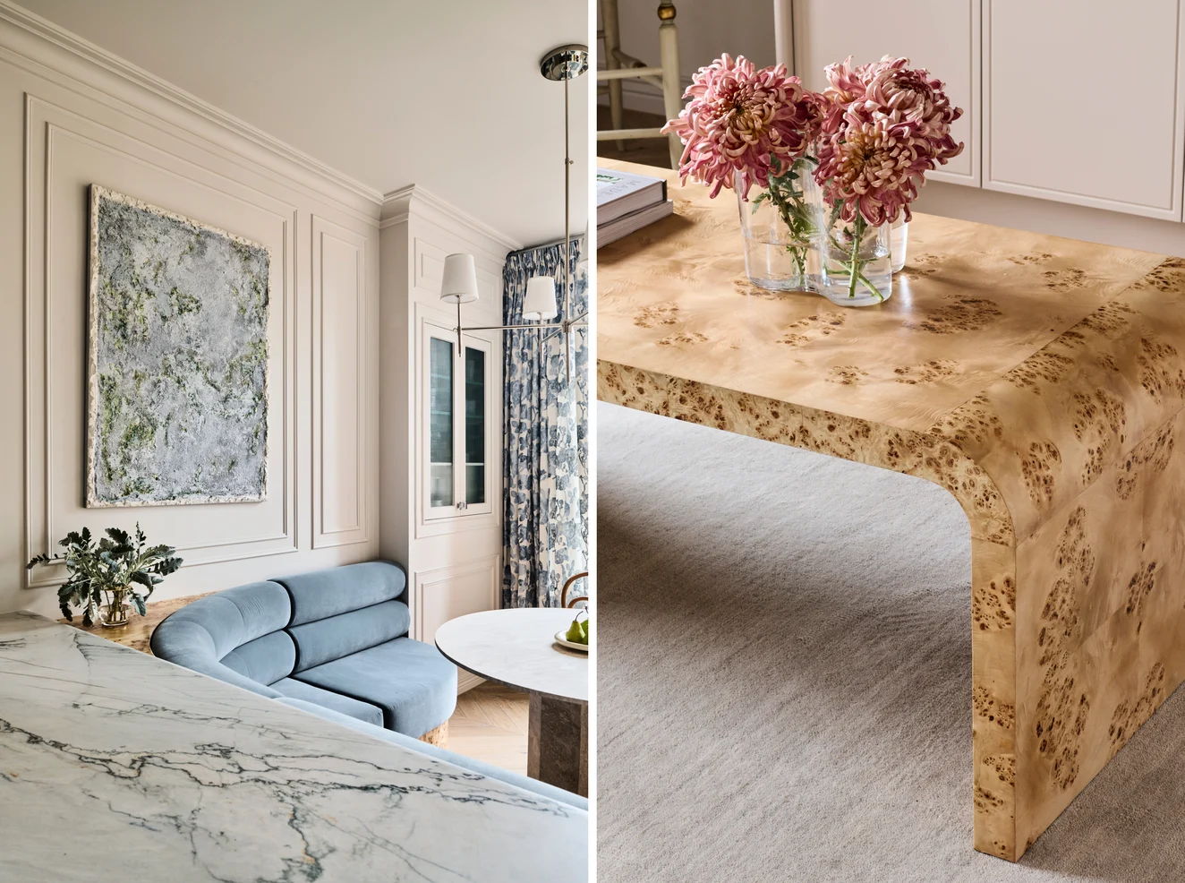 Banquette in Lech colour Sky by Zepel FibreGuard, curtains in Shalimar colour Copenhagen by Mokum | Photographs by Tom Blachford
