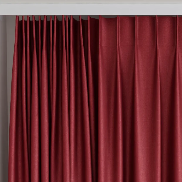 Photo of the fabric Stallion 2 Blackout Bordeaux swatch by James Dunlop Essentials. Use for Curtains. Style of Plain, Texture