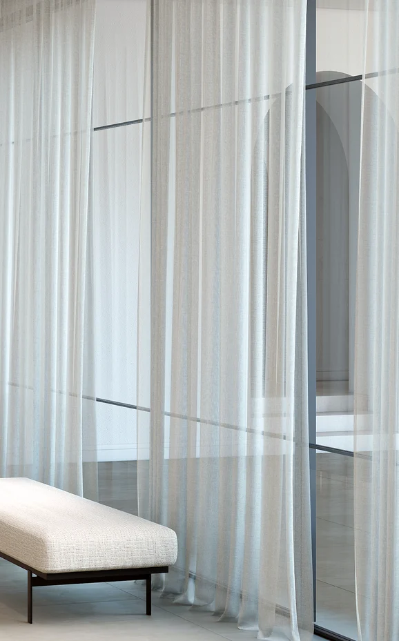 Photo of the fabric Ama Fog in situ by Mokum. Use for Sheer Curtains. Style of Plain, Sheer