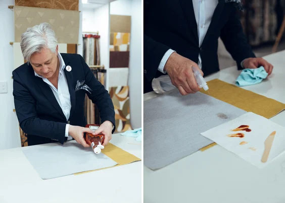 Nick Greenwood, head of sales for Zepel, demonstrating the removal of chocolate and tomato sauce