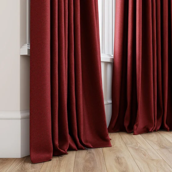 Photo of the fabric Trailblazer Cherry swatch by James Dunlop FibreGuard. Use for Curtains, Upholstery, Accessory, Top of Bed. Style of Texture, Traditional