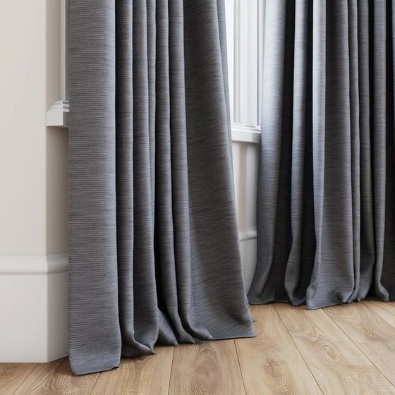Photo of the fabric Borneo Uncoated Slate swatch by James Dunlop. Use for Curtains, Accessory, Top of Bed. Style of Stripe