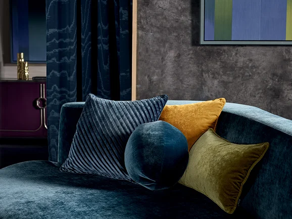 Photo of the fabric Meurice Z589 16 in situ by Zinc. Use for Curtains, Upholstery, Accessory. Style of Velvet