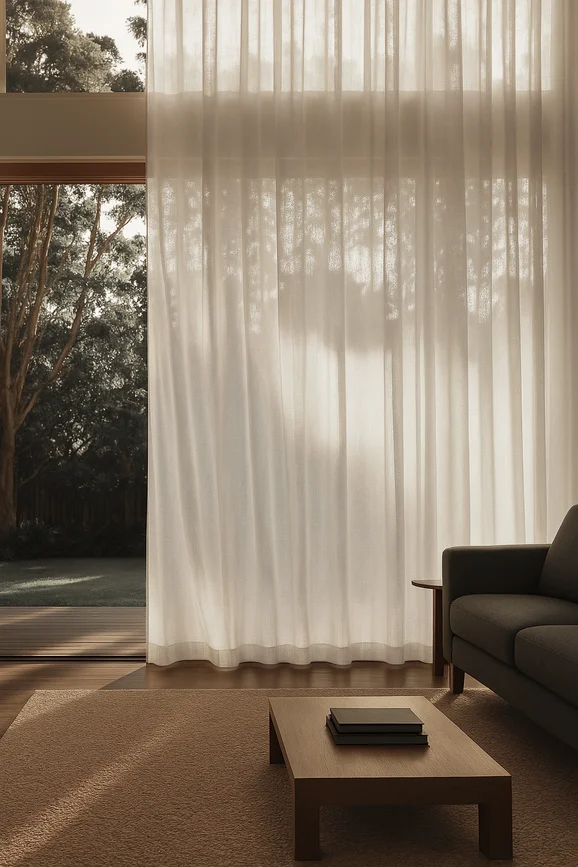 Photo of the fabric Pinnacle Snow in situ by James Dunlop. Use for Sheer Curtains. Style of Plain, Sheer