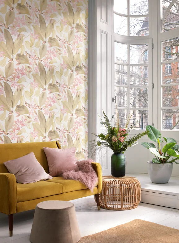 Photo of the fabric Birdsong Wallpaper 8538 8538 22 61 in situ by Casadeco. Use for Wall Covering. Style of Floral And Botannical