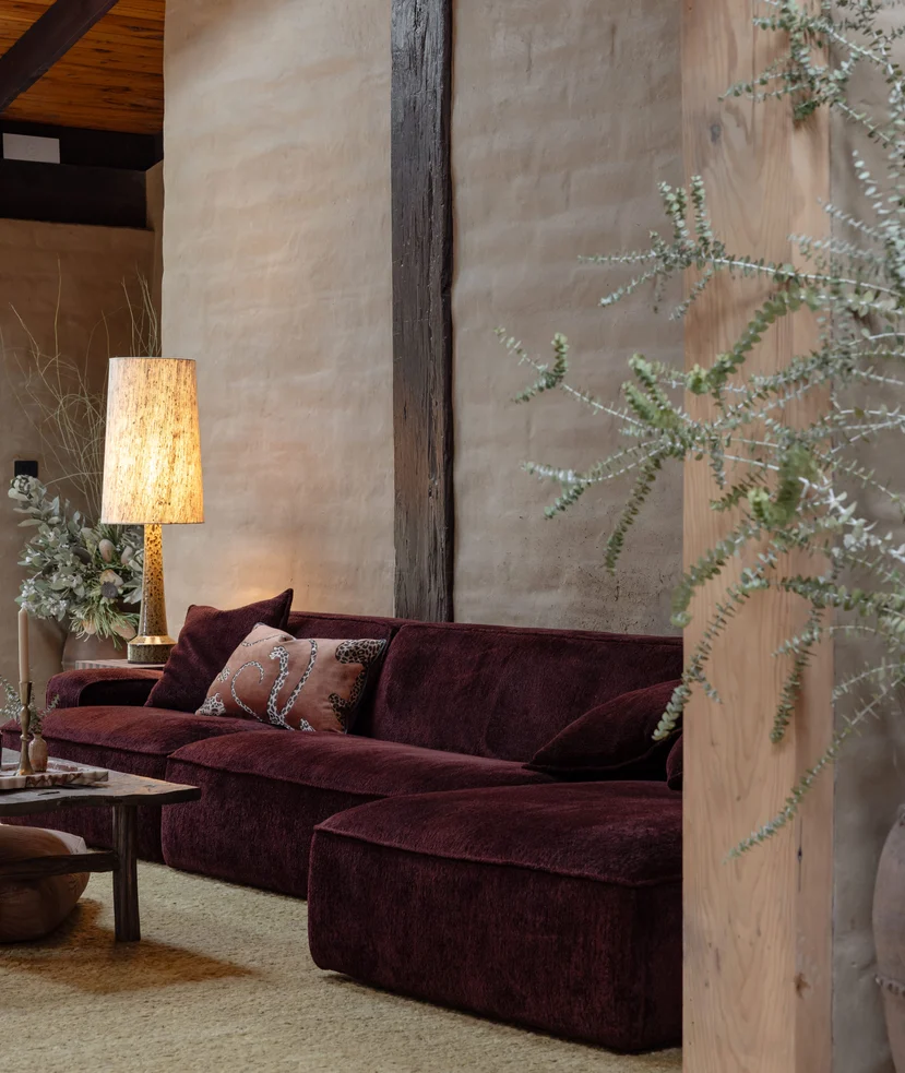 Big Easy Sofa by Molmic in Modernist colour Burgundy by Mokum, cushion in Panthera colour Whisky by Catherine Martin by Mokum | Photograph by Bianca Todd