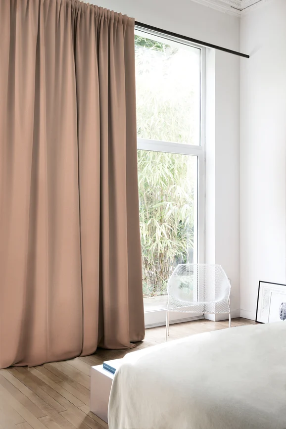 Photo of the fabric Insulation Boudoir in situ by Linings. Use for Curtains, Accessory, Top of Bed. Style of Dim Out, Plain