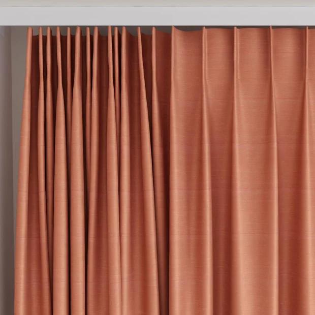 Photo of the fabric Luxe Coral swatch by James Dunlop Essentials. Use for Curtains, Accessory, Top of Bed. Style of Plain, Texture