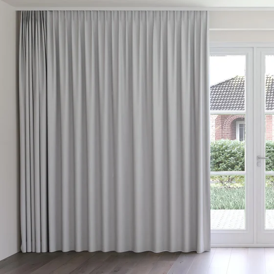 Photo of the fabric Quantum FR Dove swatch by Linings. Use for Curtains. Style of Dim Out