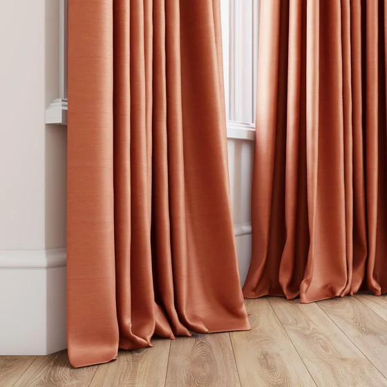 Photo of the fabric Luxe Coral swatch by James Dunlop Essentials. Use for Curtains, Accessory, Top of Bed. Style of Plain, Texture