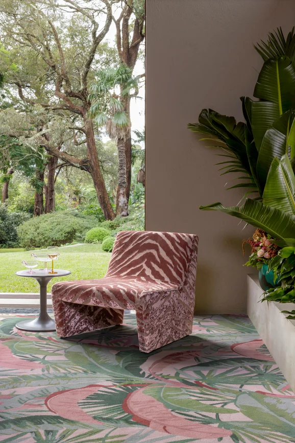 Photo of the fabric Bengal Tiger Palm Leaf in situ by Catherine Martin by Mokum. Use for Upholstery, Accessory. Style of Animals And Birds, Velvet