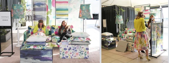 The&nbsp;Bluebellgray&nbsp;|&nbsp;Kovacs Design Furniture&nbsp;stand.Left:&nbsp;Mikayla Sherwin (JDT) and&nbsp;Carrie Ferguson (Bluebellgray).Right: Carrie Ferguson&nbsp;shows the new collection from Bluebellgray.