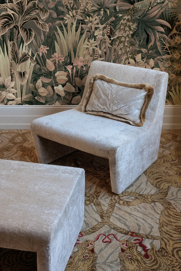 Photo of the fabric Bespoke Topaz in situ by Catherine Martin by Mokum. Use for Curtains, Upholstery, Accessory. Style of Plain, Velvet
