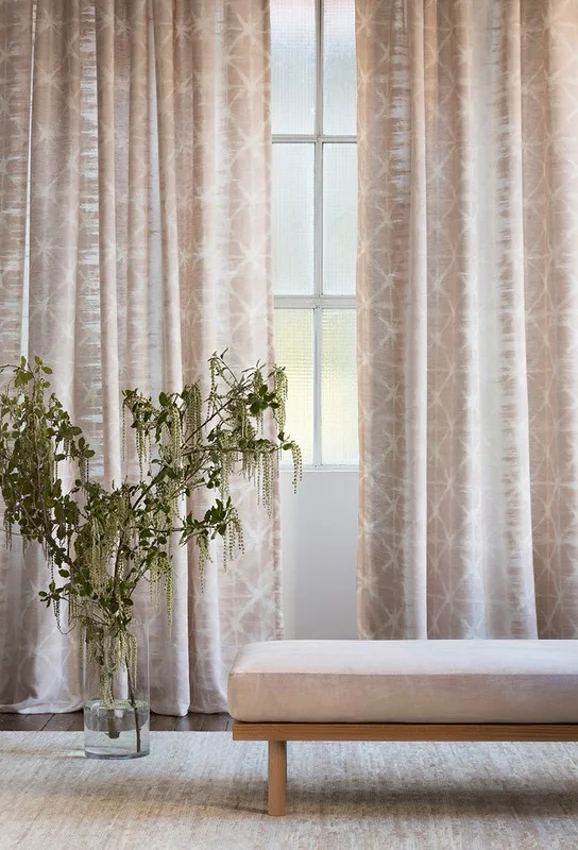 Photo of the fabric Shibori Ombre Terrazzo in situ by Mokum. Use for Curtains. Style of Geometric, Print