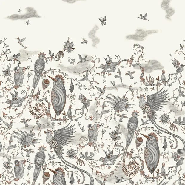 Photo of the fabric Cloud Forest Panel W0200 1 swatch by Clarke & Clarke. Use for Wall Covering, Wall Panel/Mural. Style of Animals And Birds, Uncoated Non-Woven