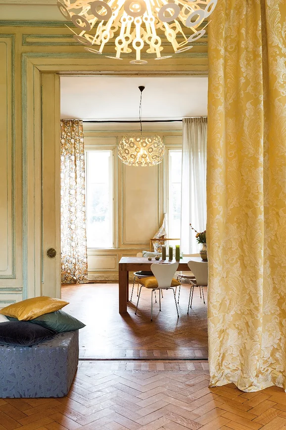 Photo of the fabric Luna II Reversible 14611 147 in situ by Fischbacher 1819. Use for Curtains, Upholstery, Accessory, Top of Bed. Style of Plain, Taffeta