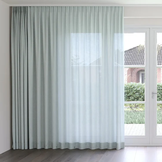 Photo of the fabric Envoy 2 Surf 320cm swatch by James Dunlop Essentials. Use for Curtains, Accessory, Top of Bed. Style of Plain, Texture