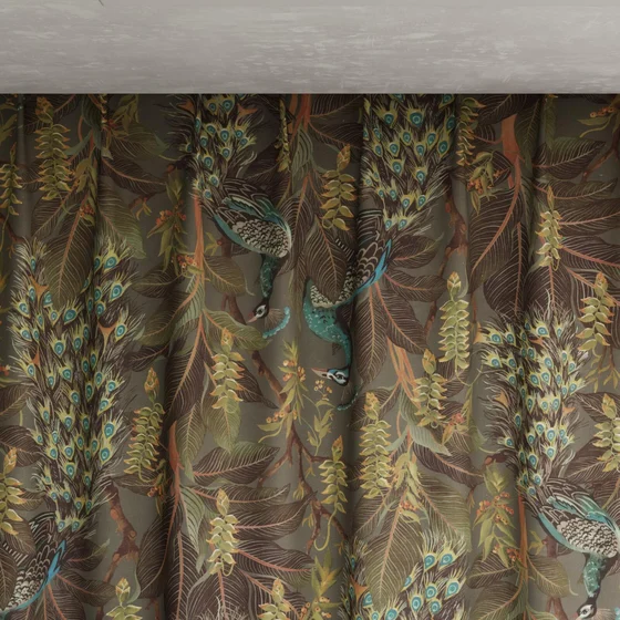 Photo of the fabric Royal Peacock Sepia swatch by Catherine Martin by Mokum. Use for Curtains, Accessory. Style of Animals And Birds, Print