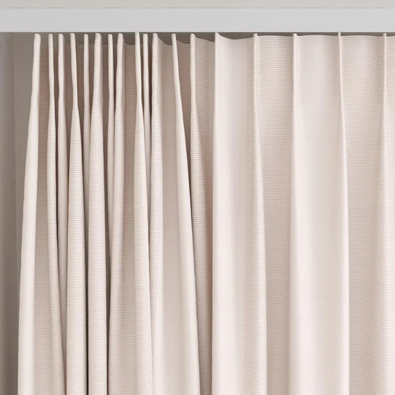 Photo of the fabric Borneo Uncoated Blush swatch by James Dunlop. Use for Curtains, Accessory, Top of Bed. Style of Stripe
