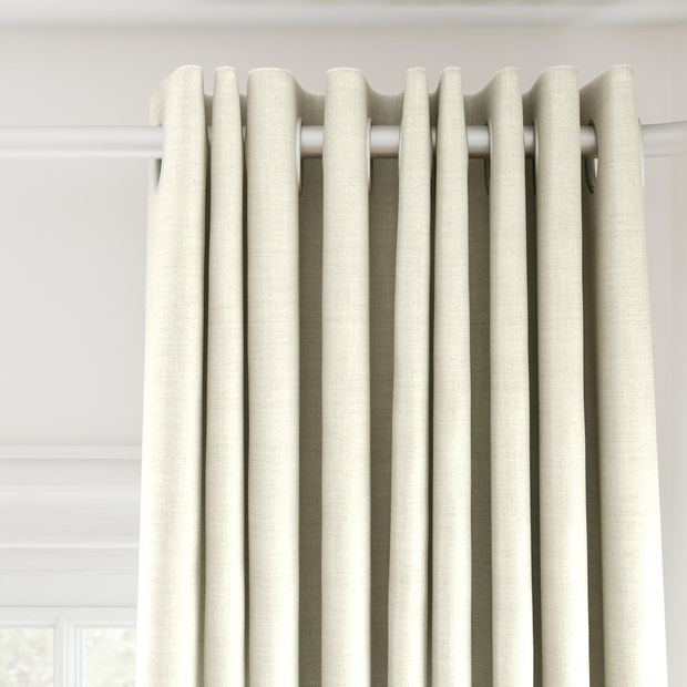 Photo of the fabric Keystone Ecru swatch by James Dunlop FibreGuard. Use for Curtains, Upholstery, Accessory, Top of Bed. Style of Plain, Texture