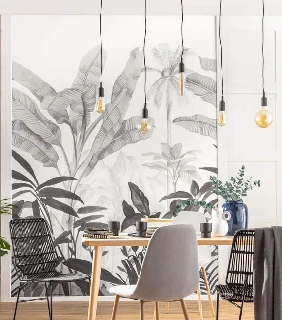 Photo of the fabric Wild & Secret Panel 10250 10250 90 01 in situ by Casadeco. Use for Wall Covering, Wall Panel/Mural. Style of Floral And Botannical