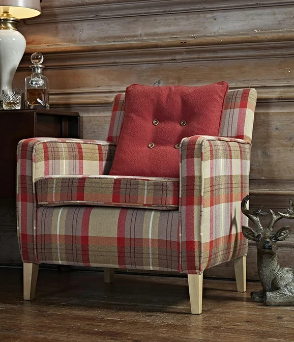 Photo of the fabric Lanark Cardinal in situ by James Dunlop Indent. Use for Curtains, Upholstery, Accessory, Top of Bed
