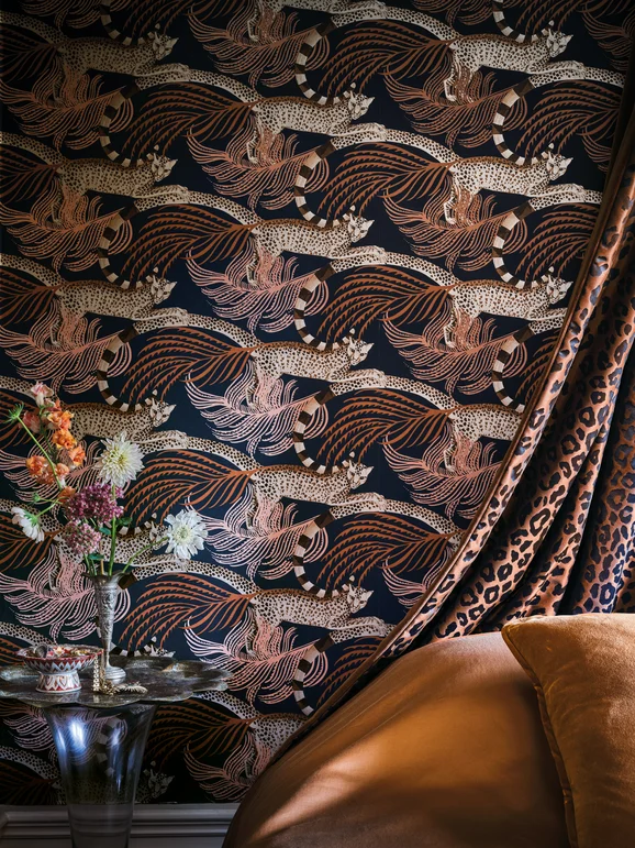 Photo of the fabric Delilah W450 04 in situ by Romo. Use for Wall Covering. Style of Animals And Birds