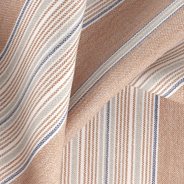 Photo of the fabric Chambray Multi Clay swatch by Zepel. Use for Curtains, Upholstery, Accessory. Style of Stripe, Taffeta